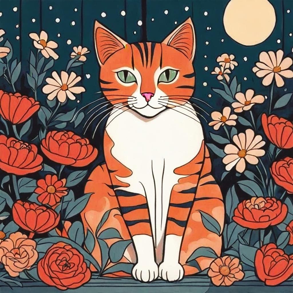 Cute Cat with Flowers in Retro Comic Style