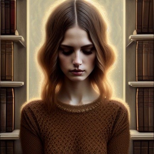 Ethereal Woman with Words for Hair in Library