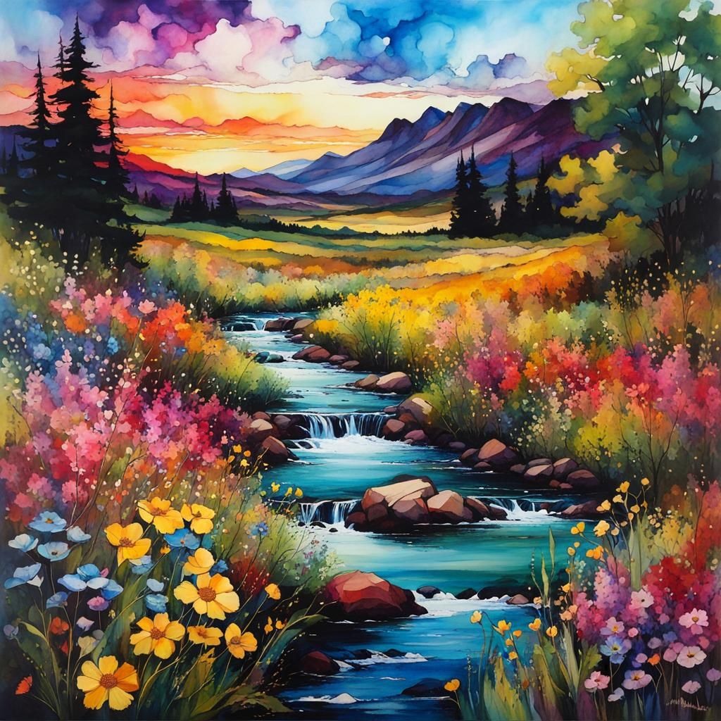 Colorful Anime Landscape with Wildflowers in Alcohol Ink