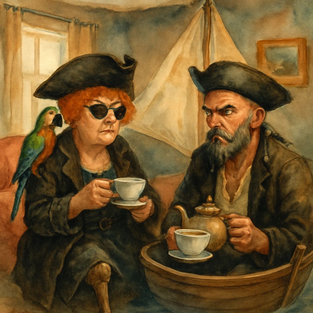 Elderly Pirate and Crew Enjoying Tea: Watercolor Cartoon