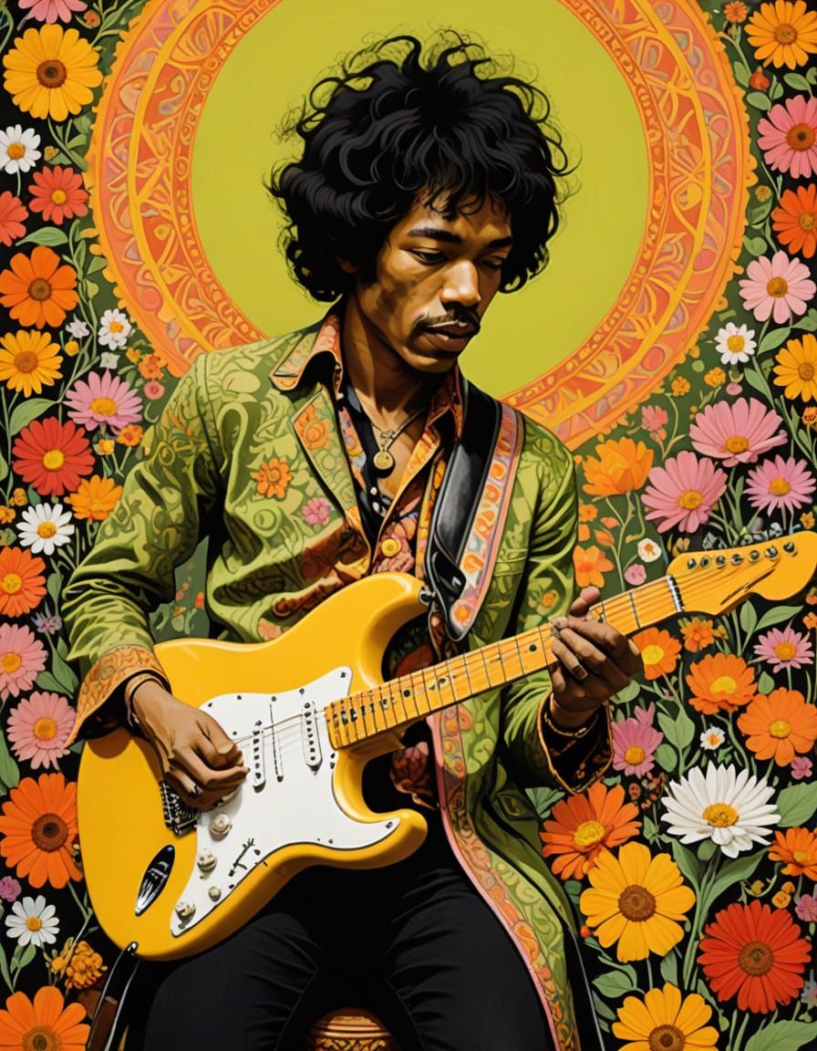 Jimi Hendrix Psychedelic Poster Art in Warm Golden Light