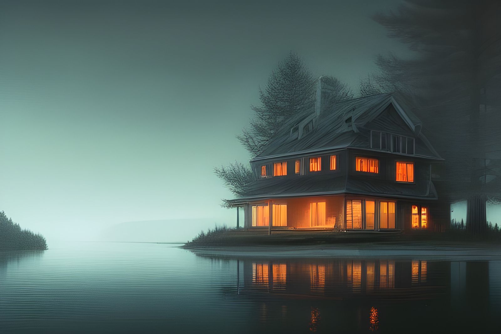 Haunted Lakehouse Horror Landscape in Photorealistic Style