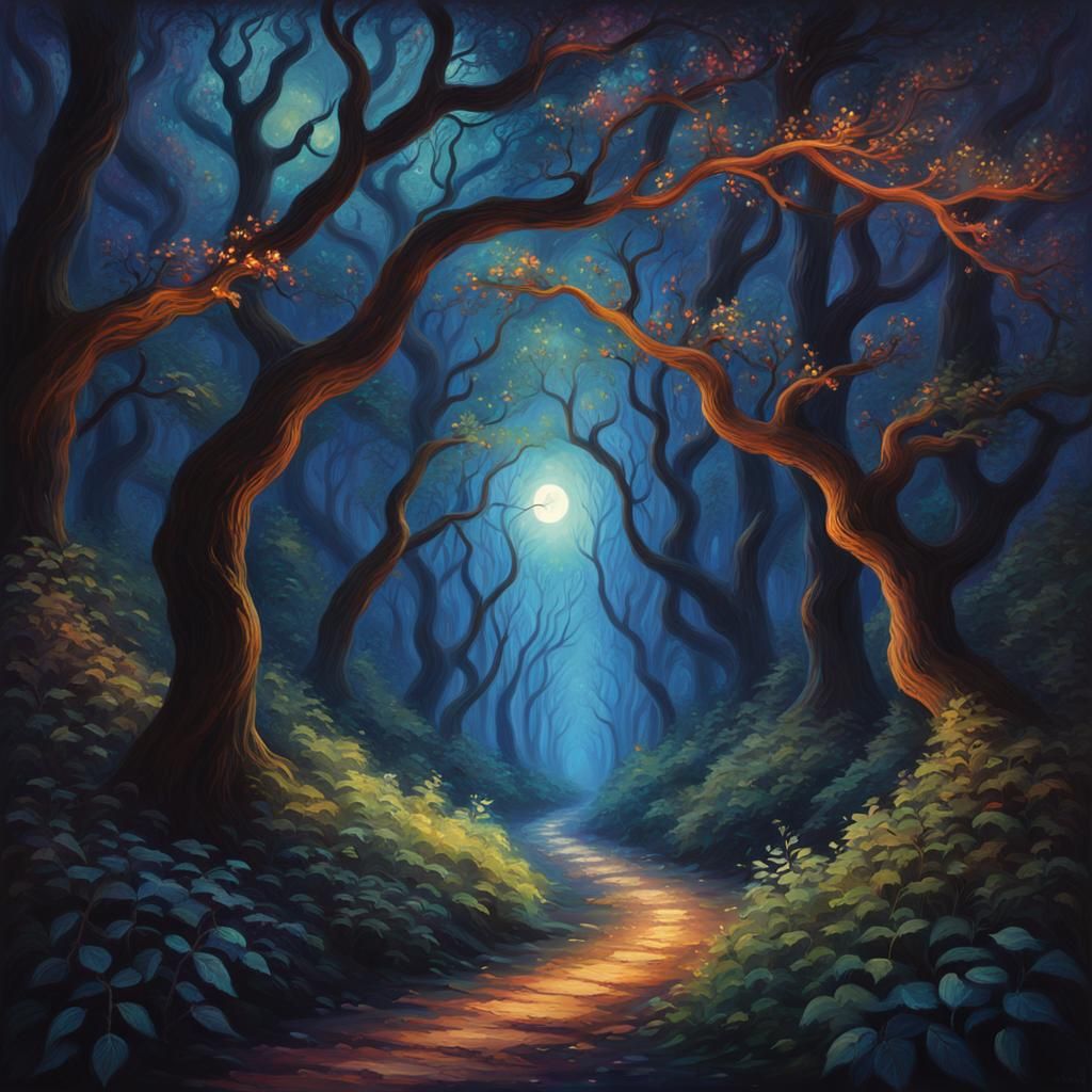 Mystical Forest Path at Night: Ethereal Oil Painting