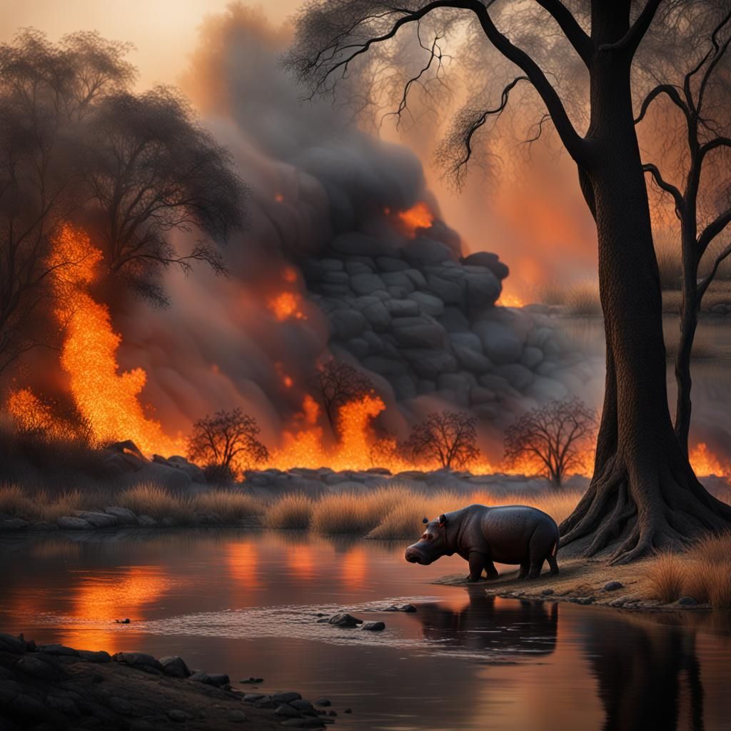 Hippo Observes Bushfire in Dramatic Wildlife Photo
