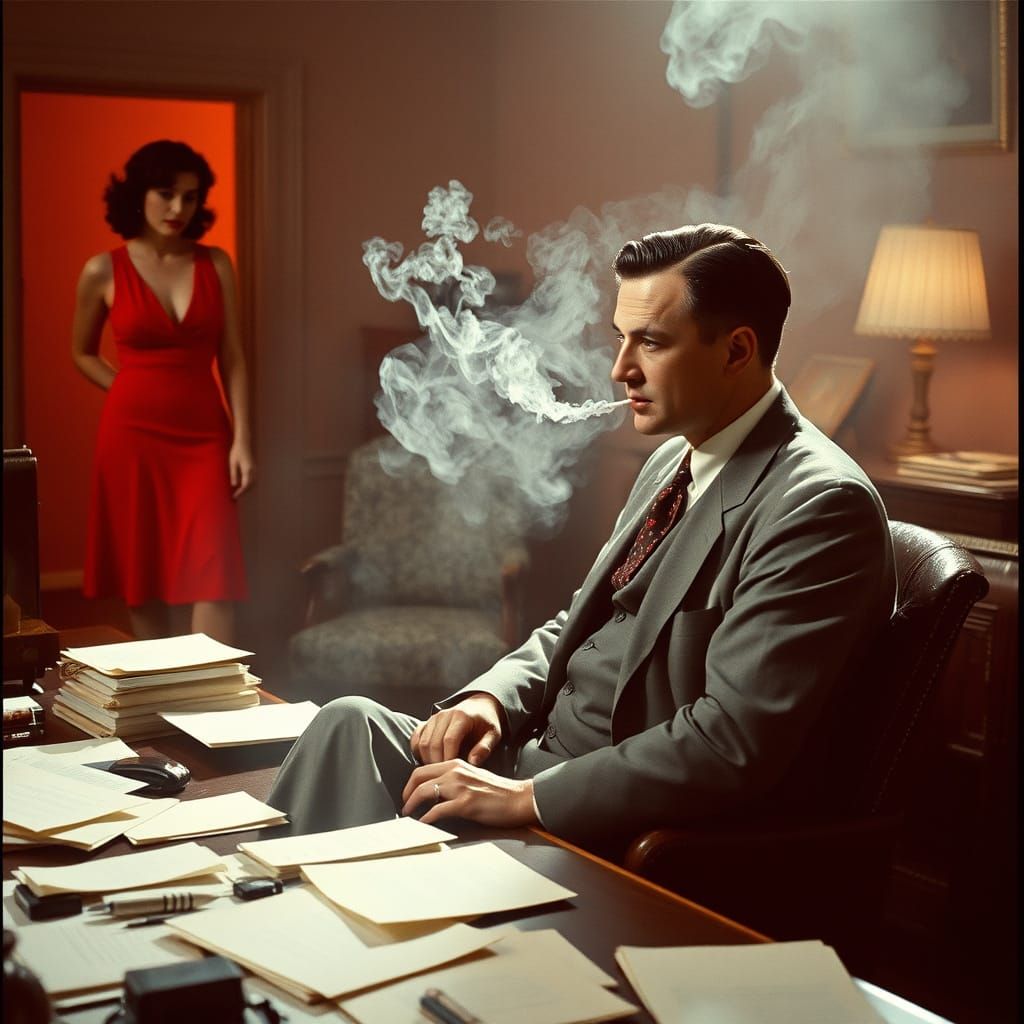 Film Noir Scene: Man on Desk with Woman in Red