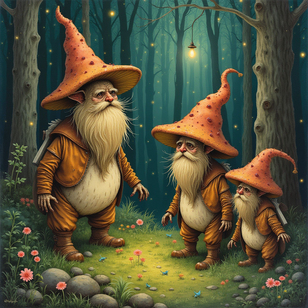 Whimsical Mushroom Folk in Lush Forest