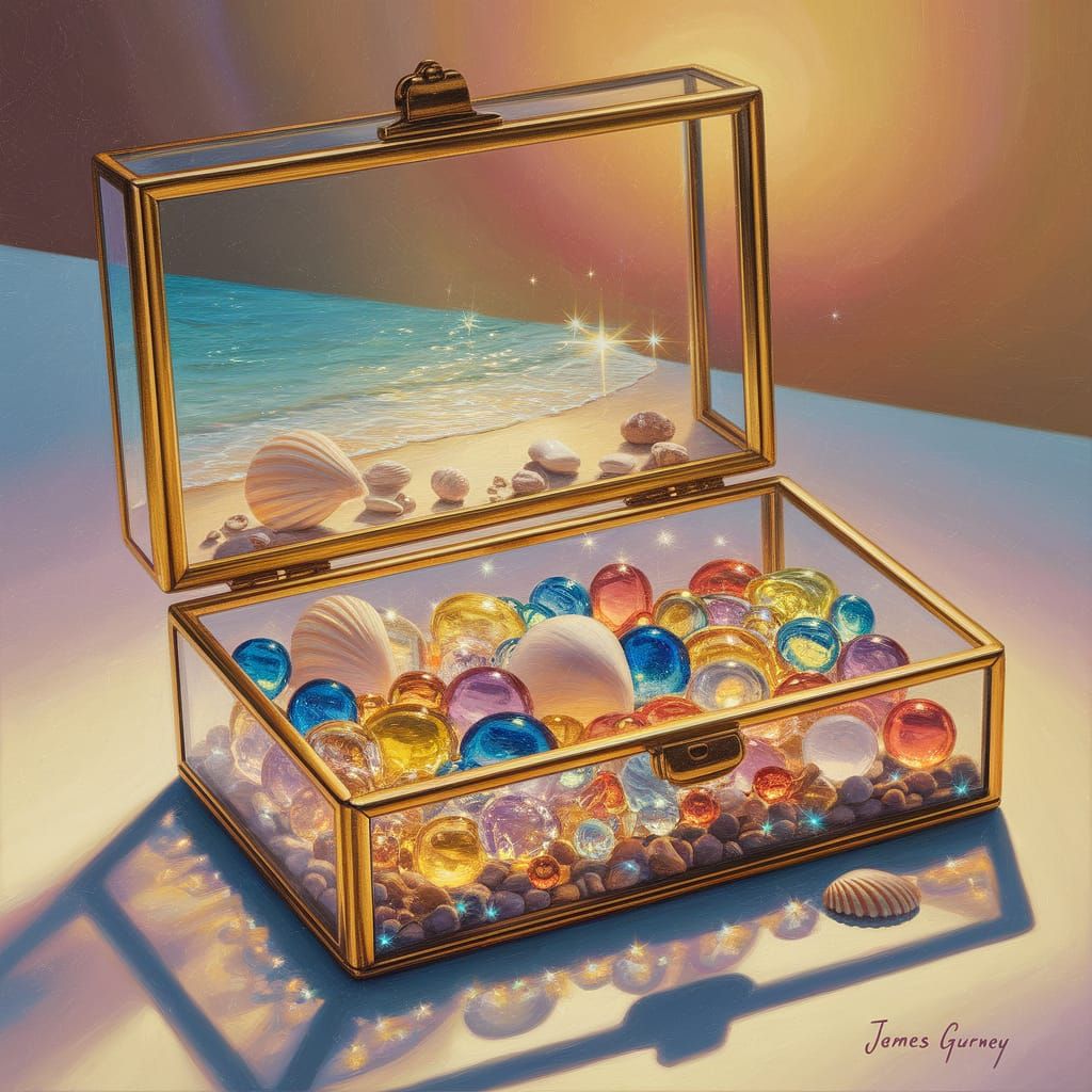 Miniature Cyprus Beach with Glass Jewels as Oil Painting