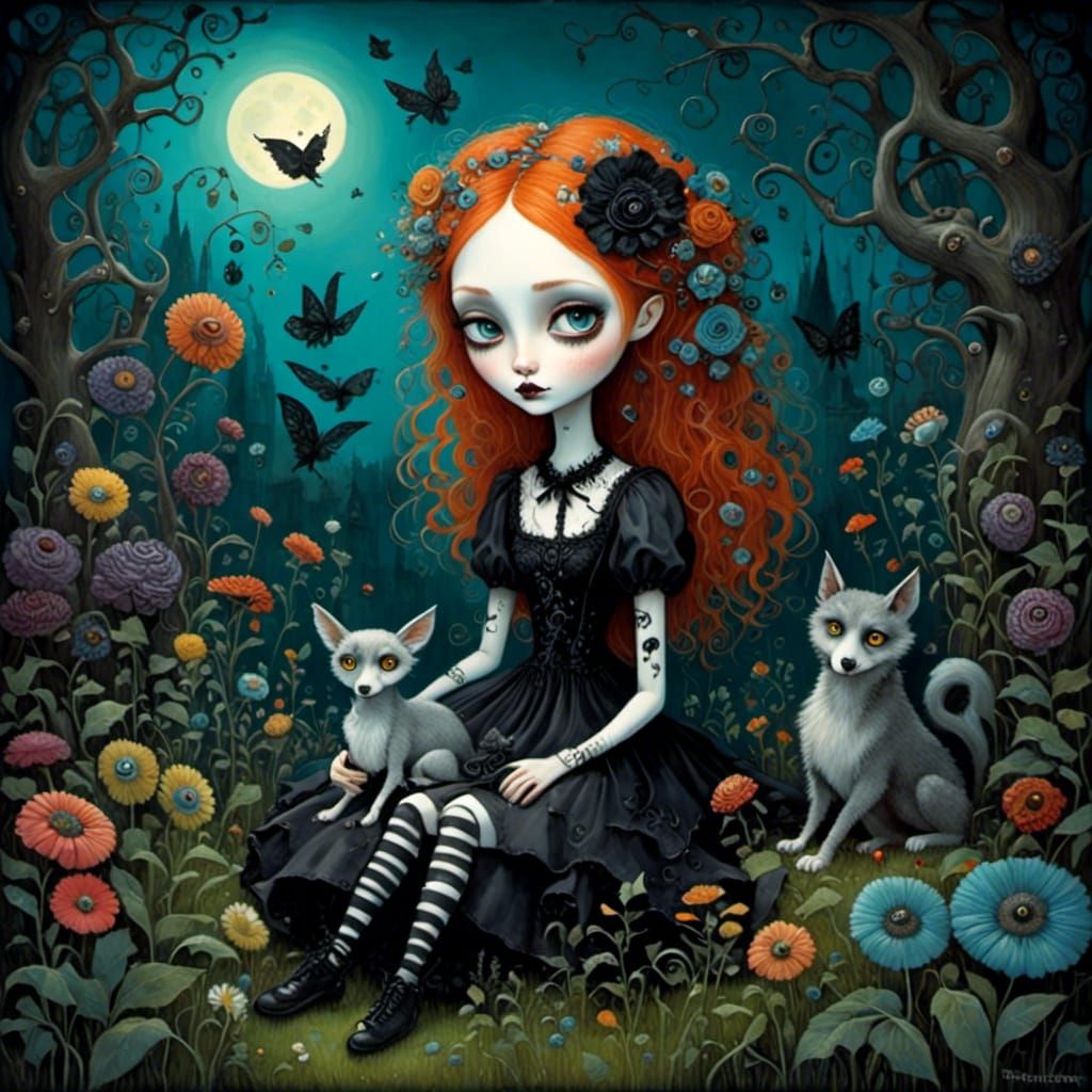 Goth Girl with Griffin in Moonlight Garden