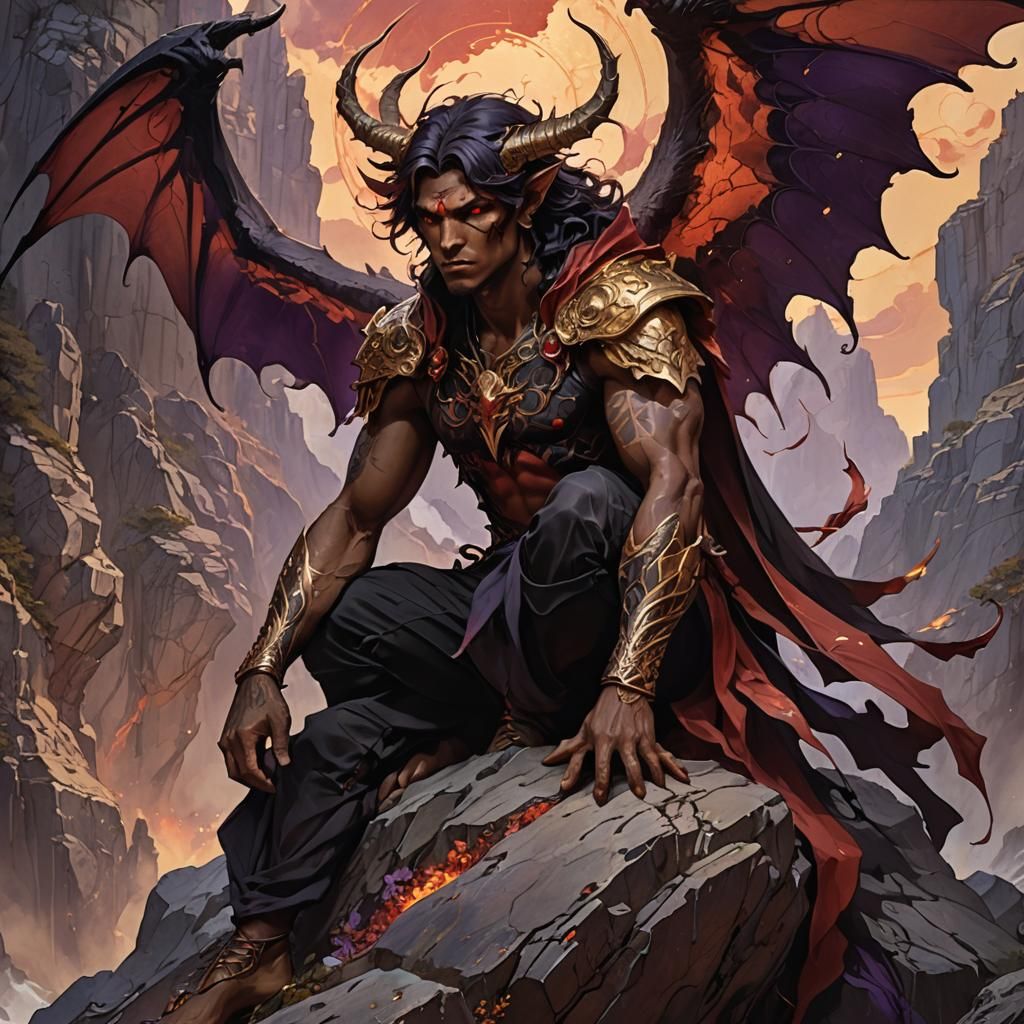 Demon with Ombre Hair and Wings, Dark Fantasy Art