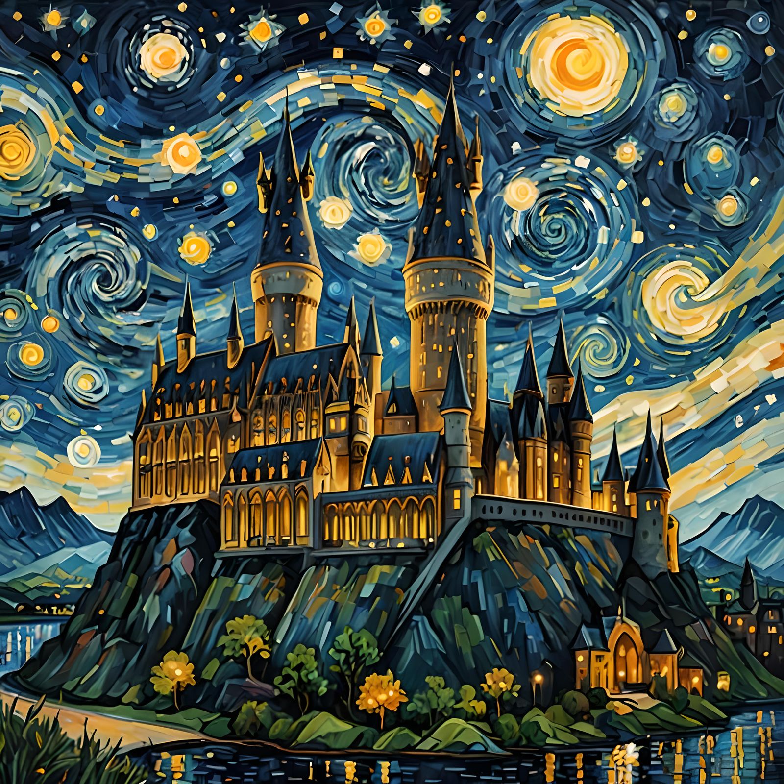 Hogwarts Castle in Starry Night Style
