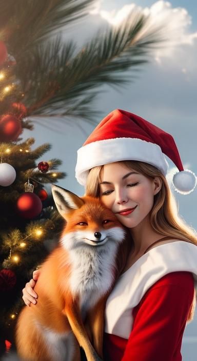 Christmas Fox with Santa Hat in Sunlight