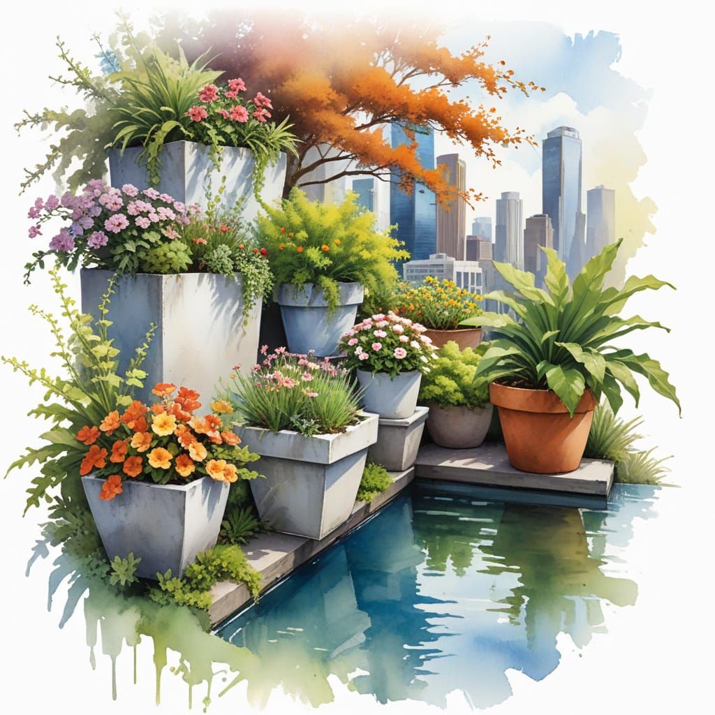 Serene City Rooftop Oasis in Vibrant Watercolor