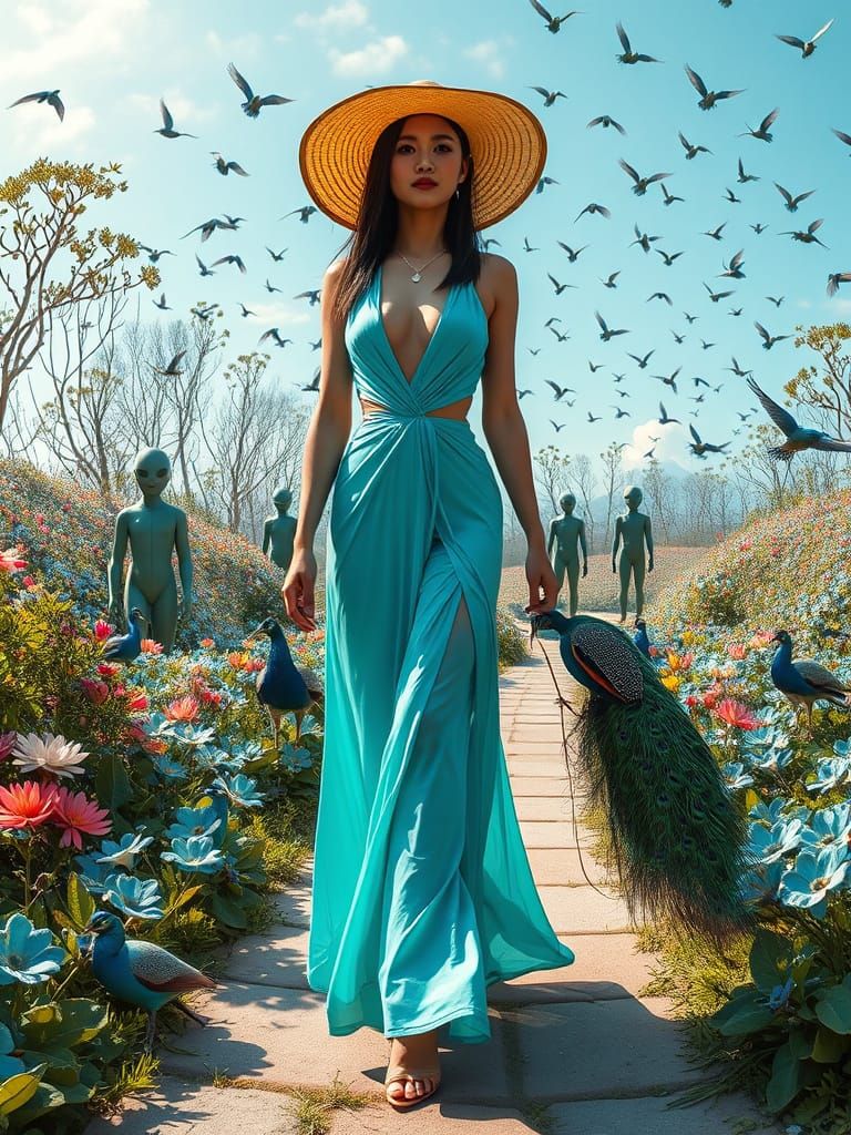 Futuristic Asian Woman in Alien Flower Garden