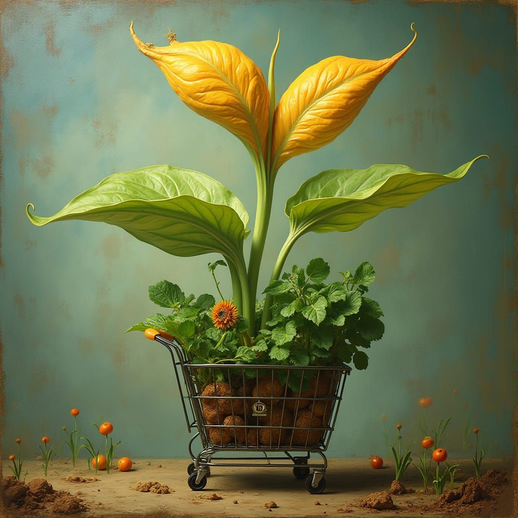 Surreal Sprouting Leaf Shopping Basket: Farming and Market F...