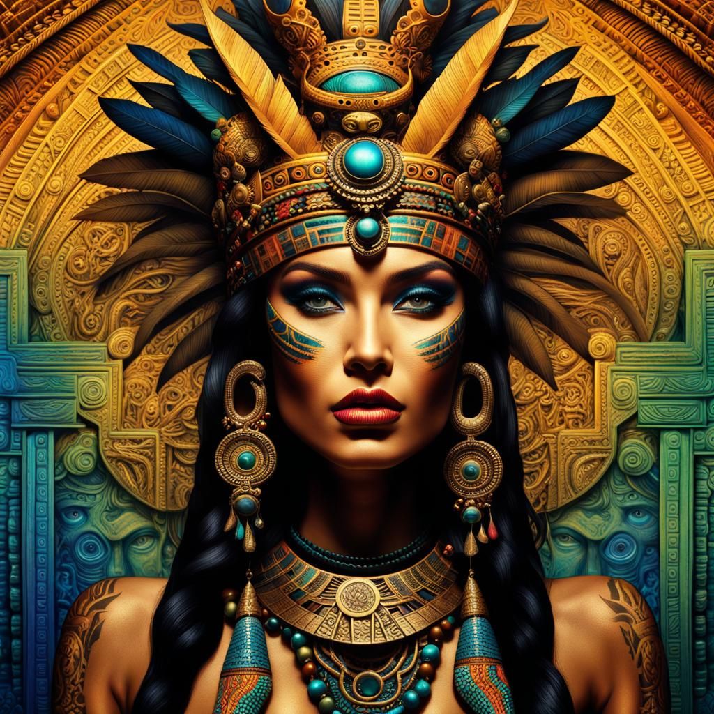 Aztec Mayan Goddess Portrait with Jaguar Crown