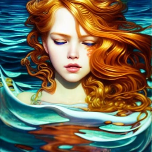 Adrift Beauty: Art Nouveau Portrait in Stormy Seas