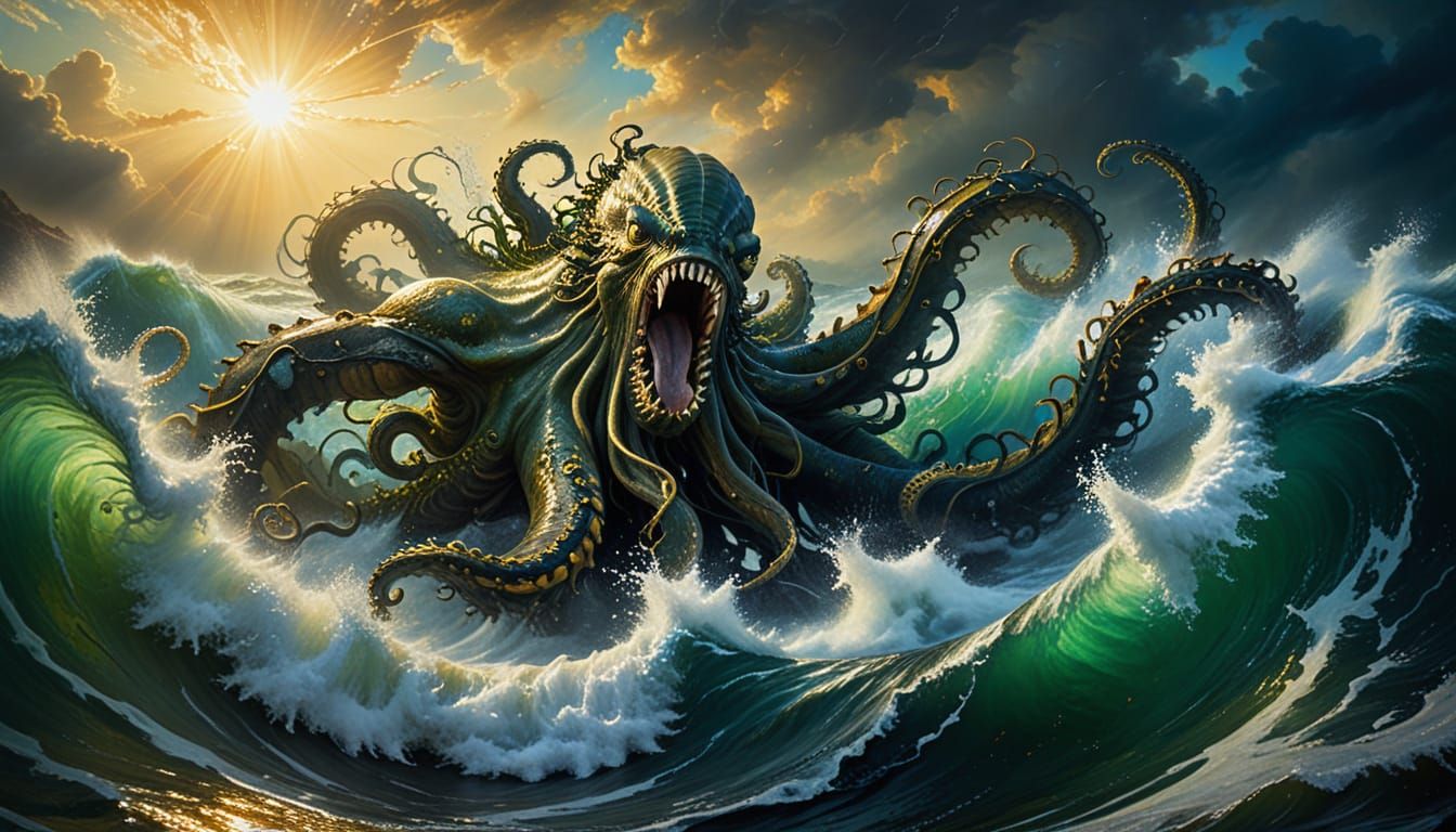 Mythological Oil Painting of Hero Wrestling Kraken