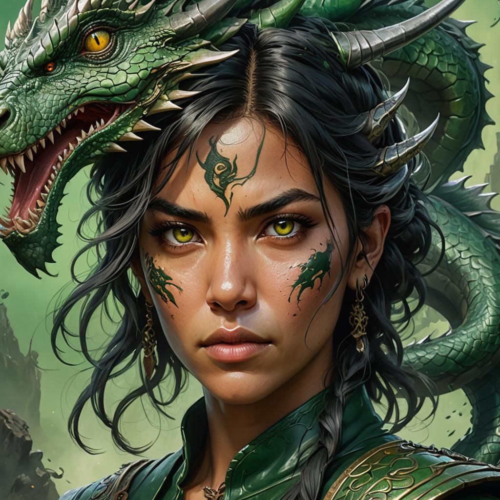 Warrior Woman with Dragon: Hyperrealistic Concept Art