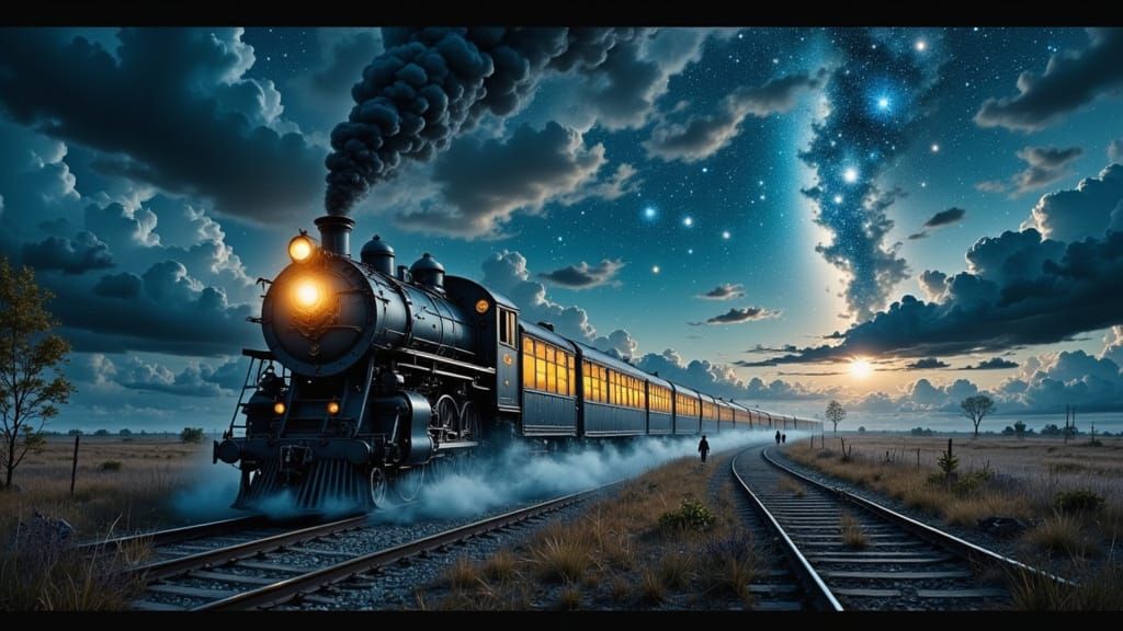 Night Train in Starry Sky Digital Matte Painting