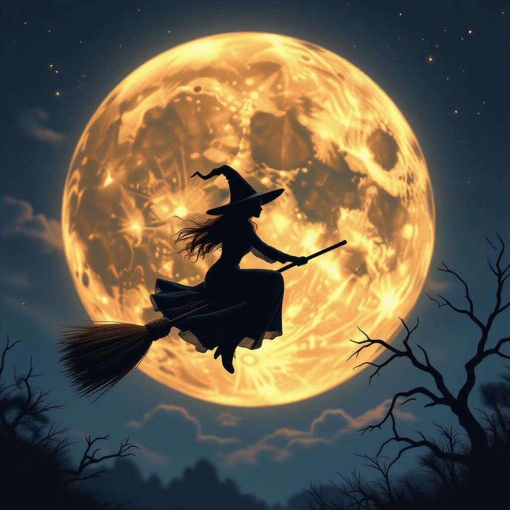 Witch Flying Past Harvest Moon on Halloween Night