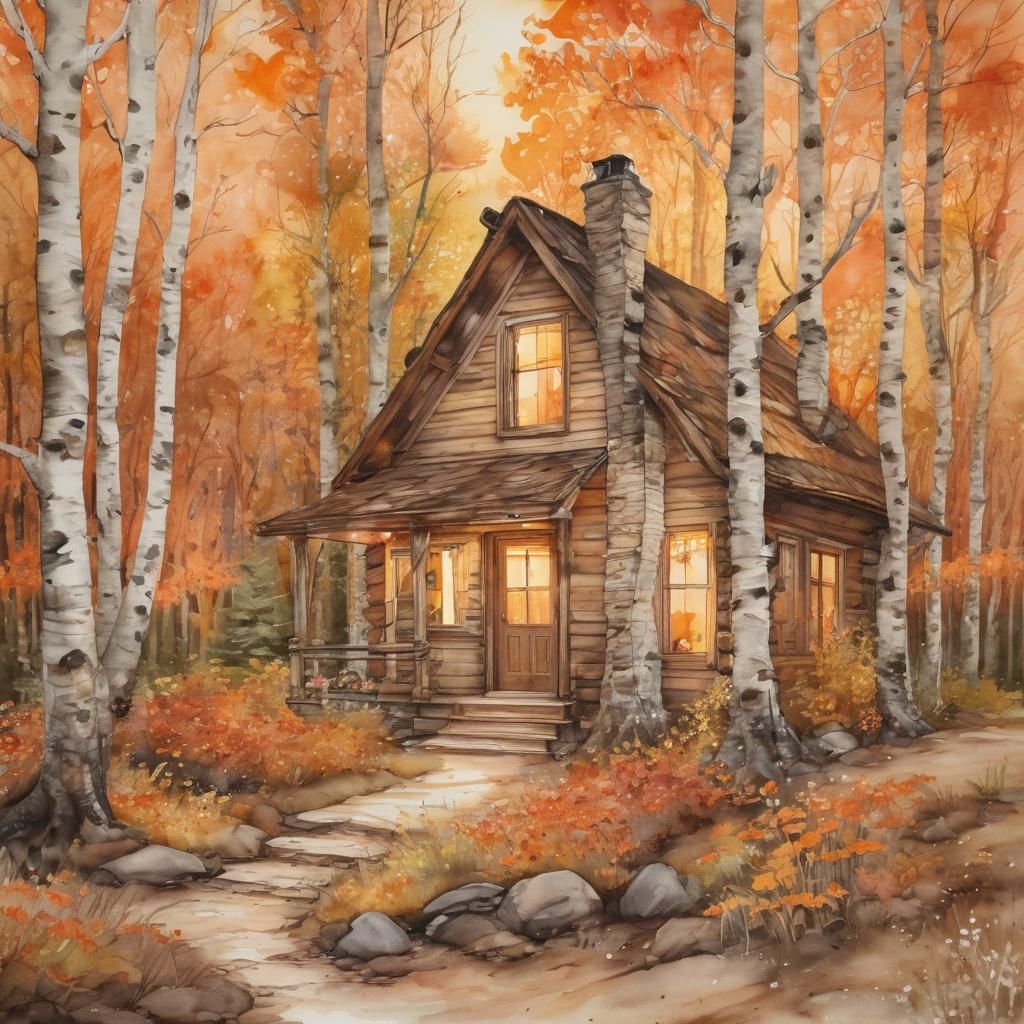 Watercolor Cabin Retreat in Forest Bloom