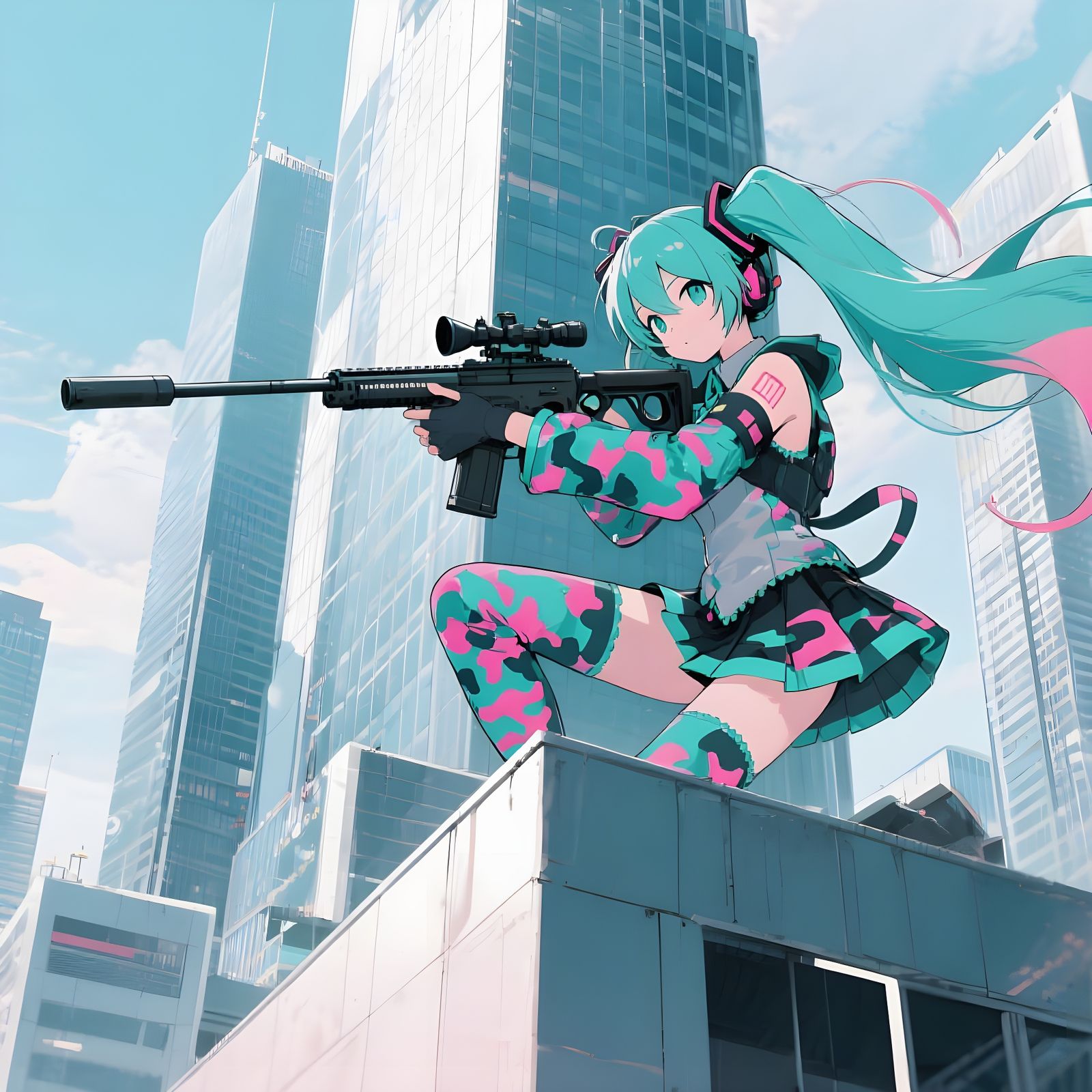 Hatsune Miku as Sniper on Skyscraper