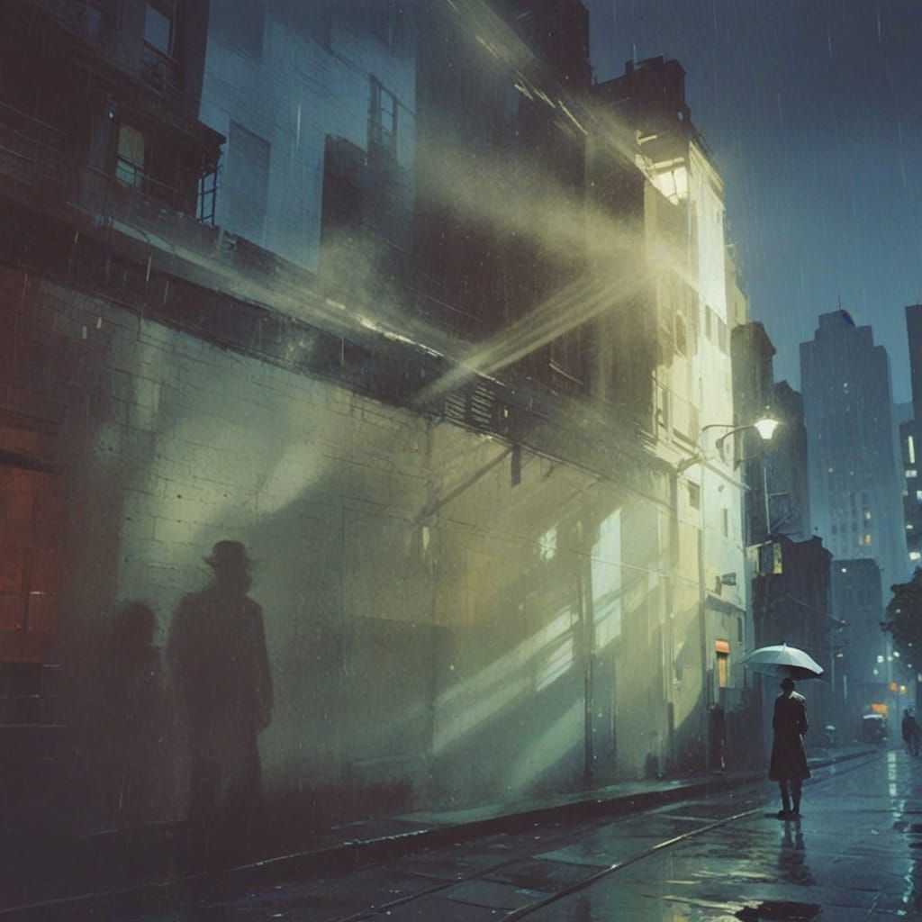 Mysterious Figure in Rainy City Shadows