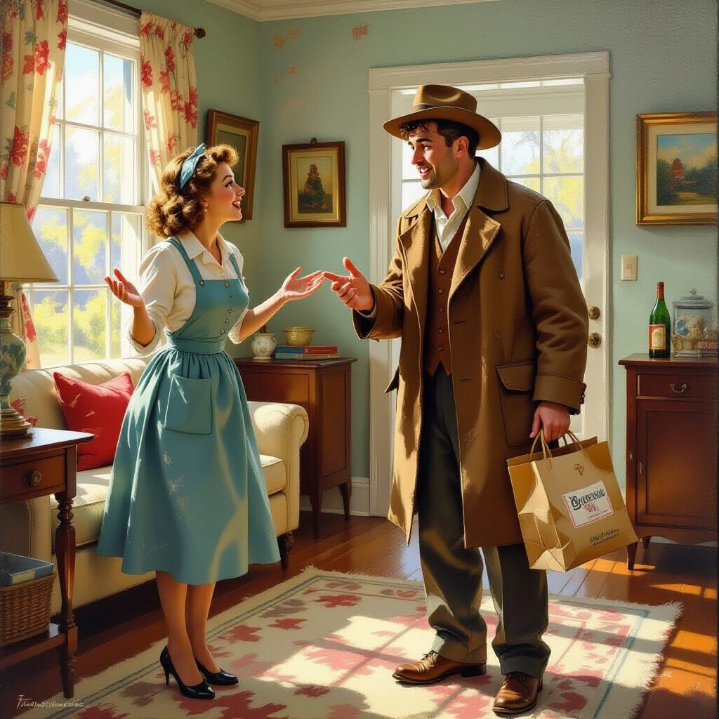 Vintage Americana: 1950s Housewife and Disheveled Man in Sun...
