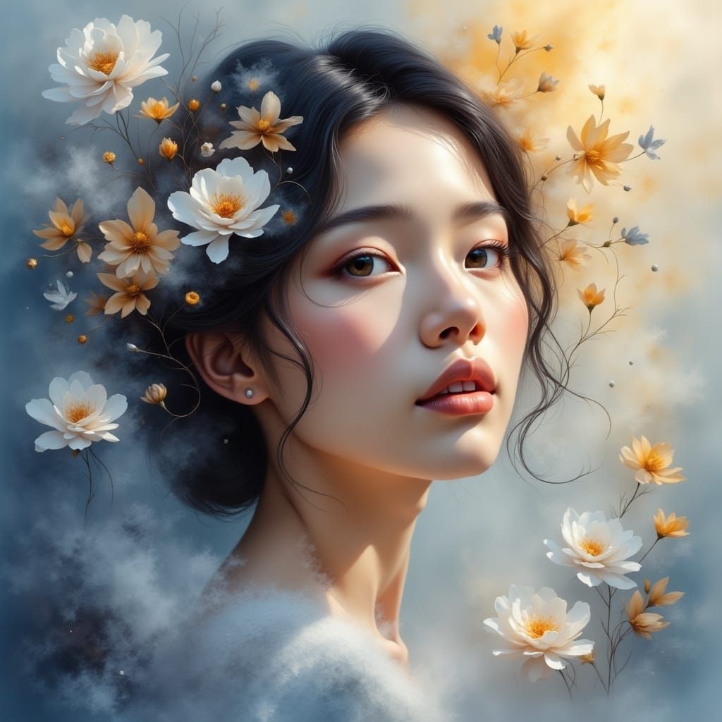Dreamy Asian Woman Portrait in Hazy Floral Mist