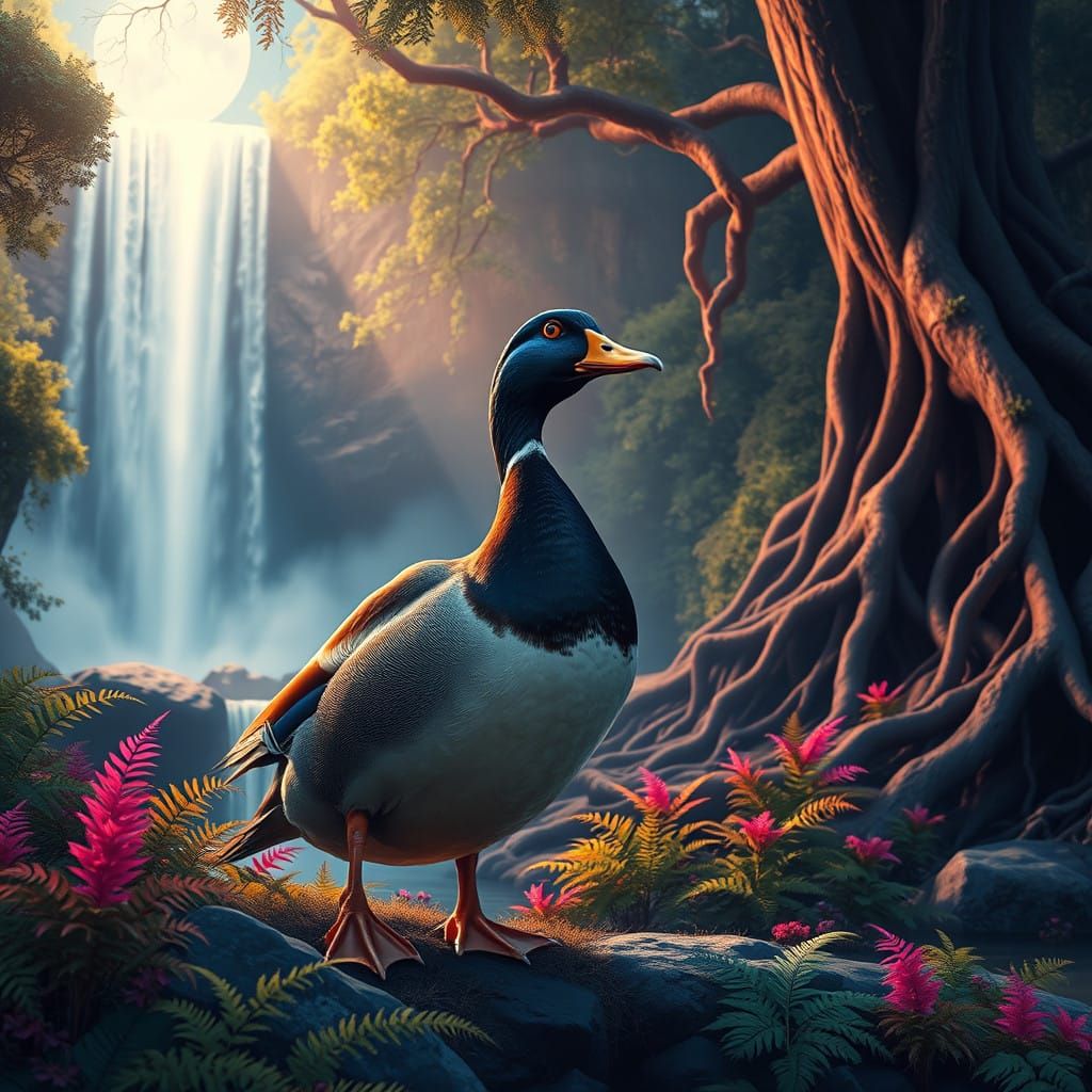 Moonlit Duck Majesty Amidst Vibrant Waterfalls and Graffiti....
