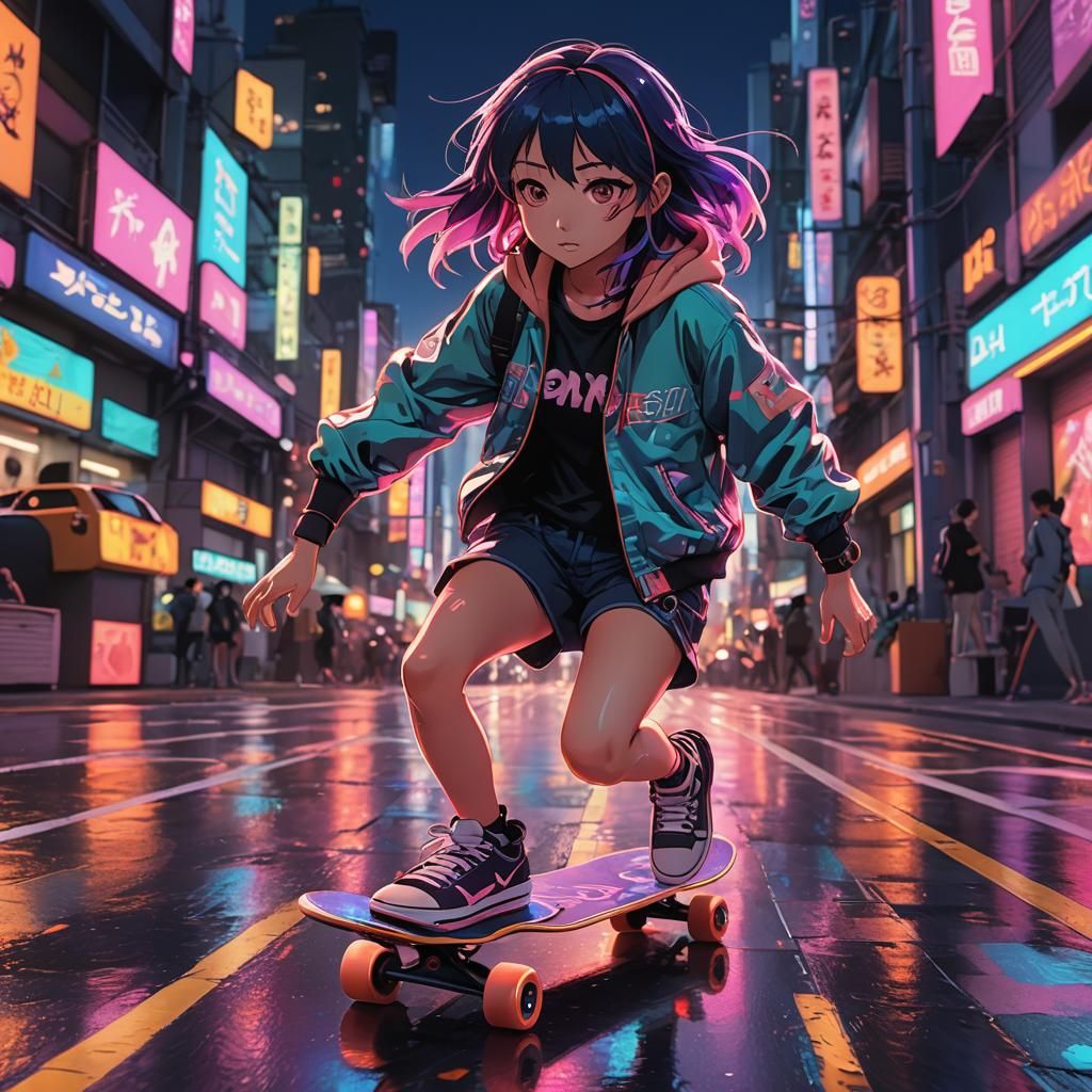 Girl Rides Skateboard Through Neon City: 3D Anime