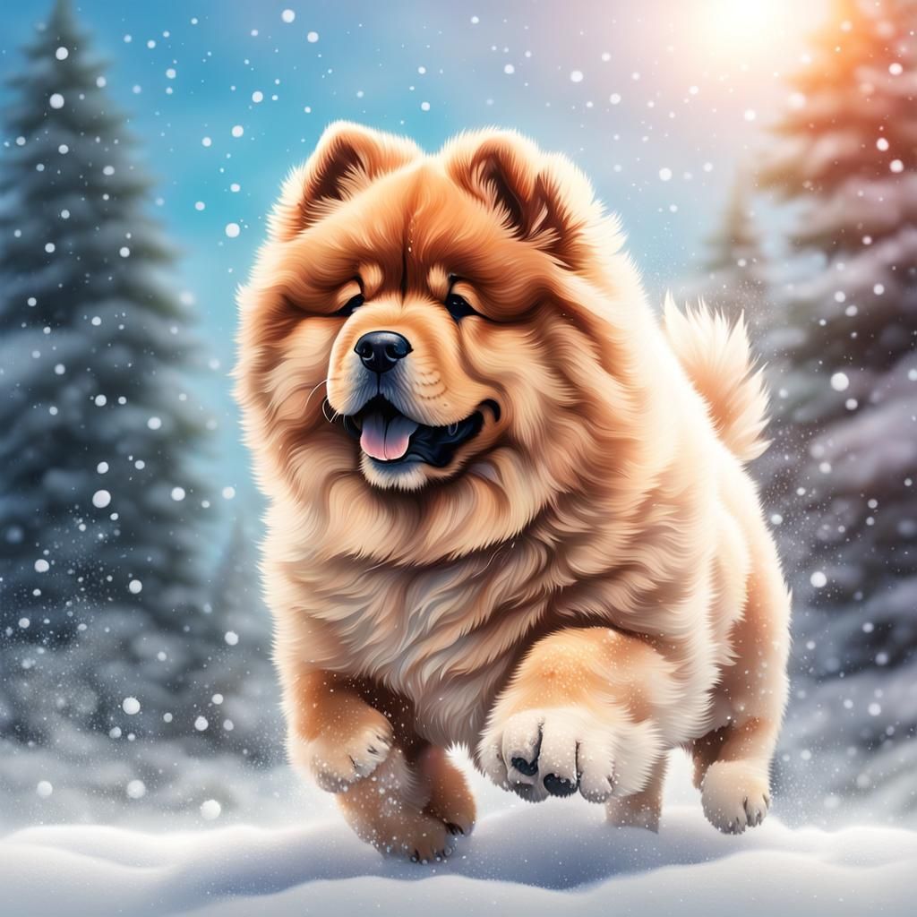 Fluffy Chow Puppy Playing in Snow
