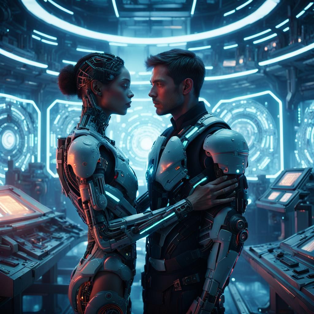 Cyborg and Human Embrace in Futuristic Lab
