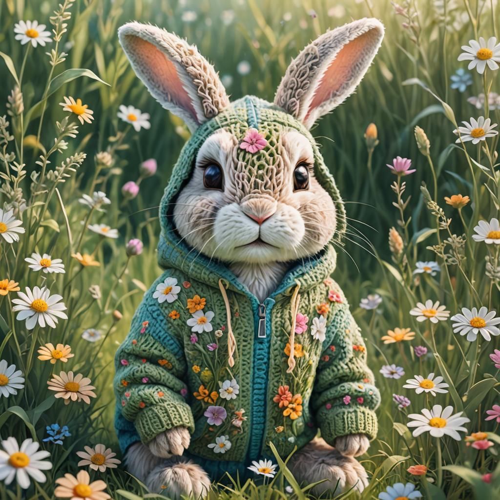 Rabbit in Crocheted Hoodie in Pastel Colors