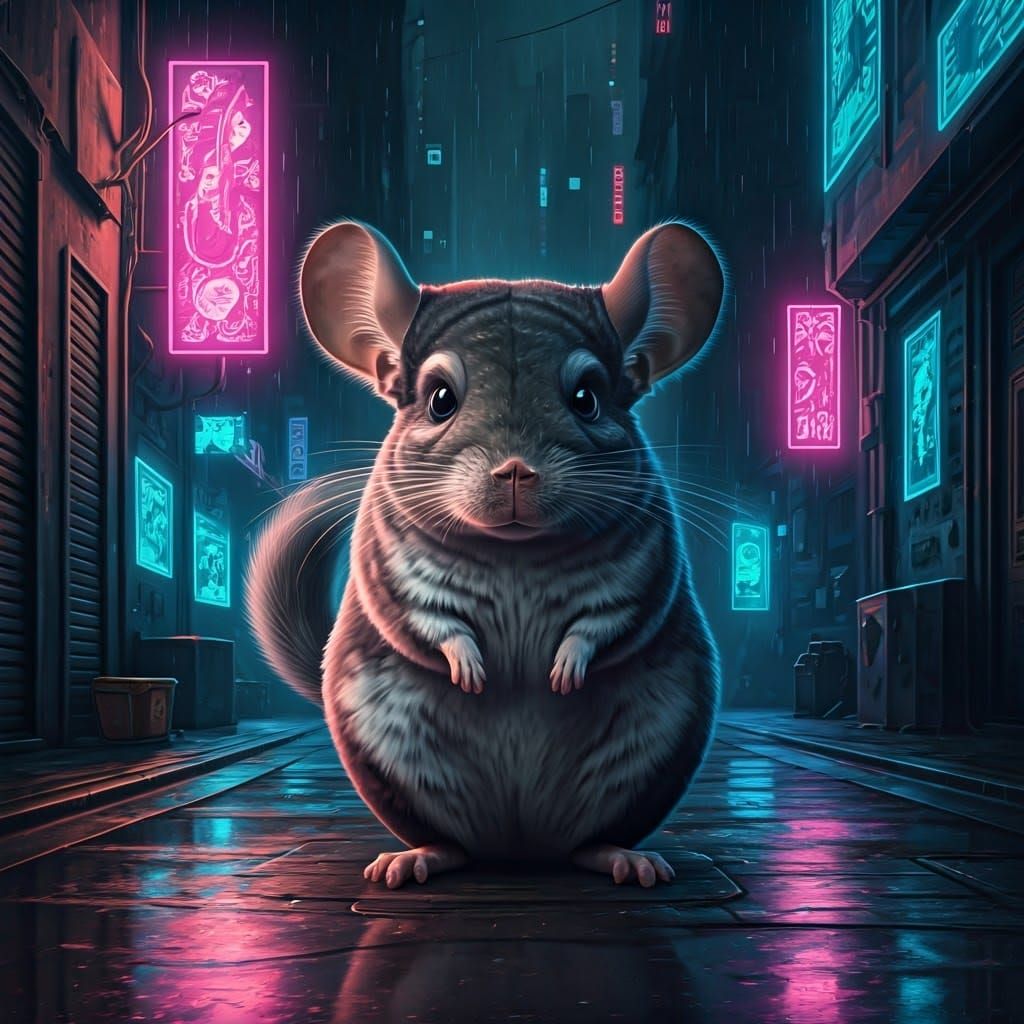 Nervous Chinchilla in Neon Alleyway