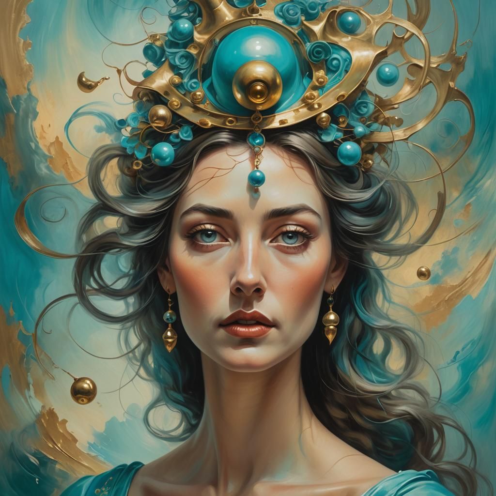 Woman with Turquoise Bell in Hair: Dreamlike Surrealist Oil....