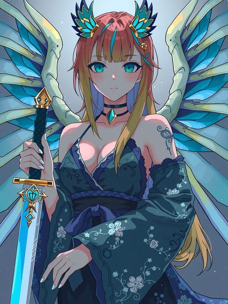 Anime Woman with Dragon Wings in Cel-Shaded Style