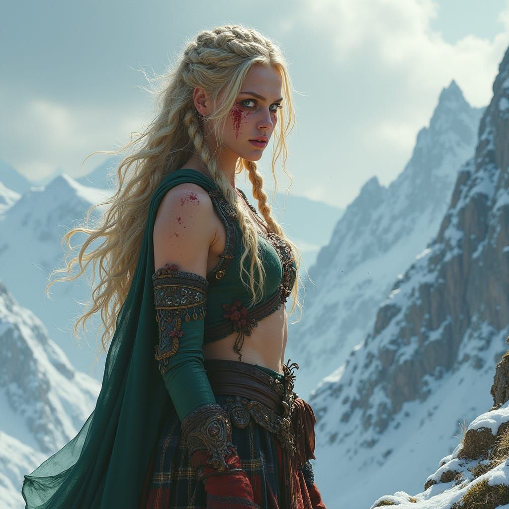 Valkyrie on Windswept Peak in Dark Fantasy Style