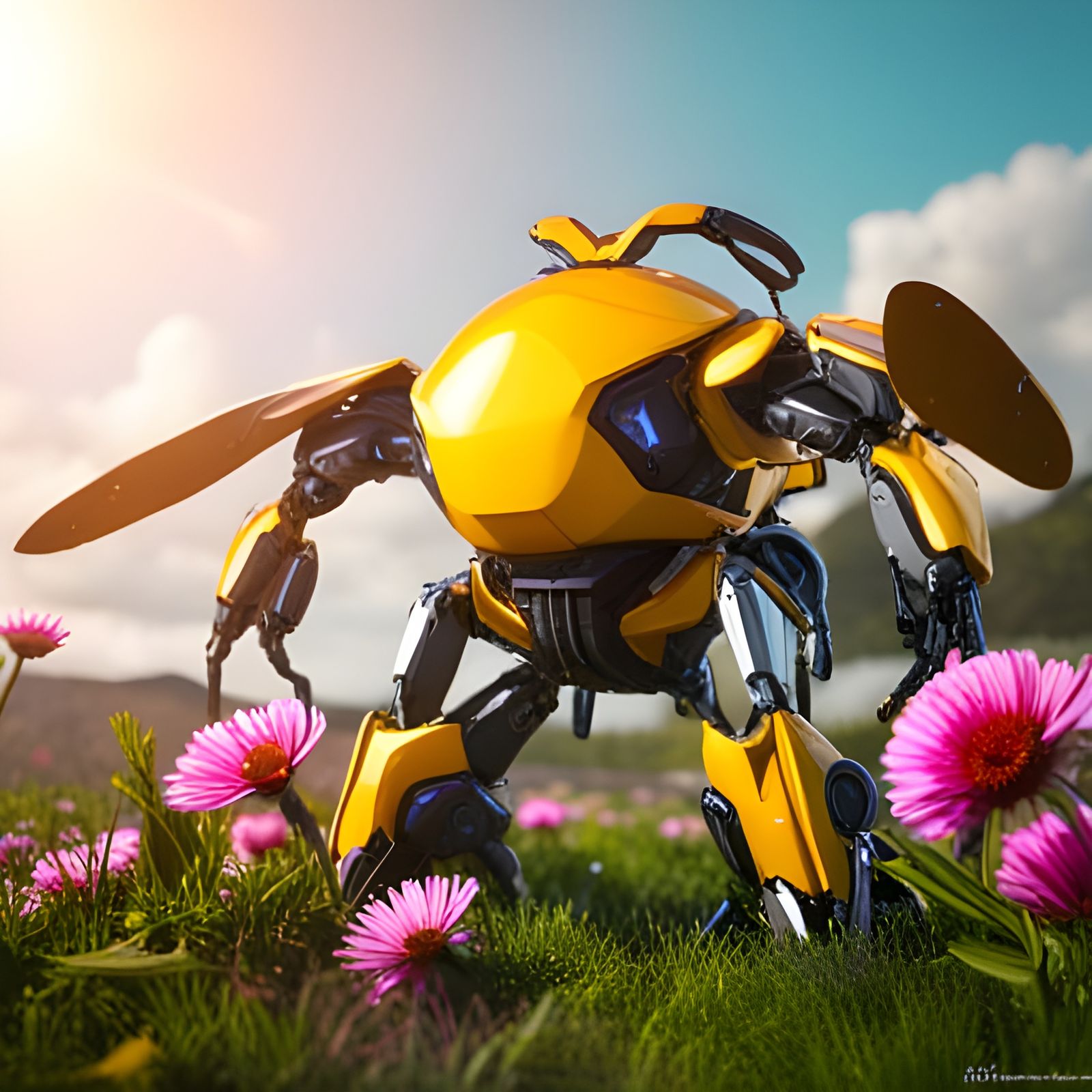 Giant Robotic Bee in Flower Meadow, Sci-Fi Render
