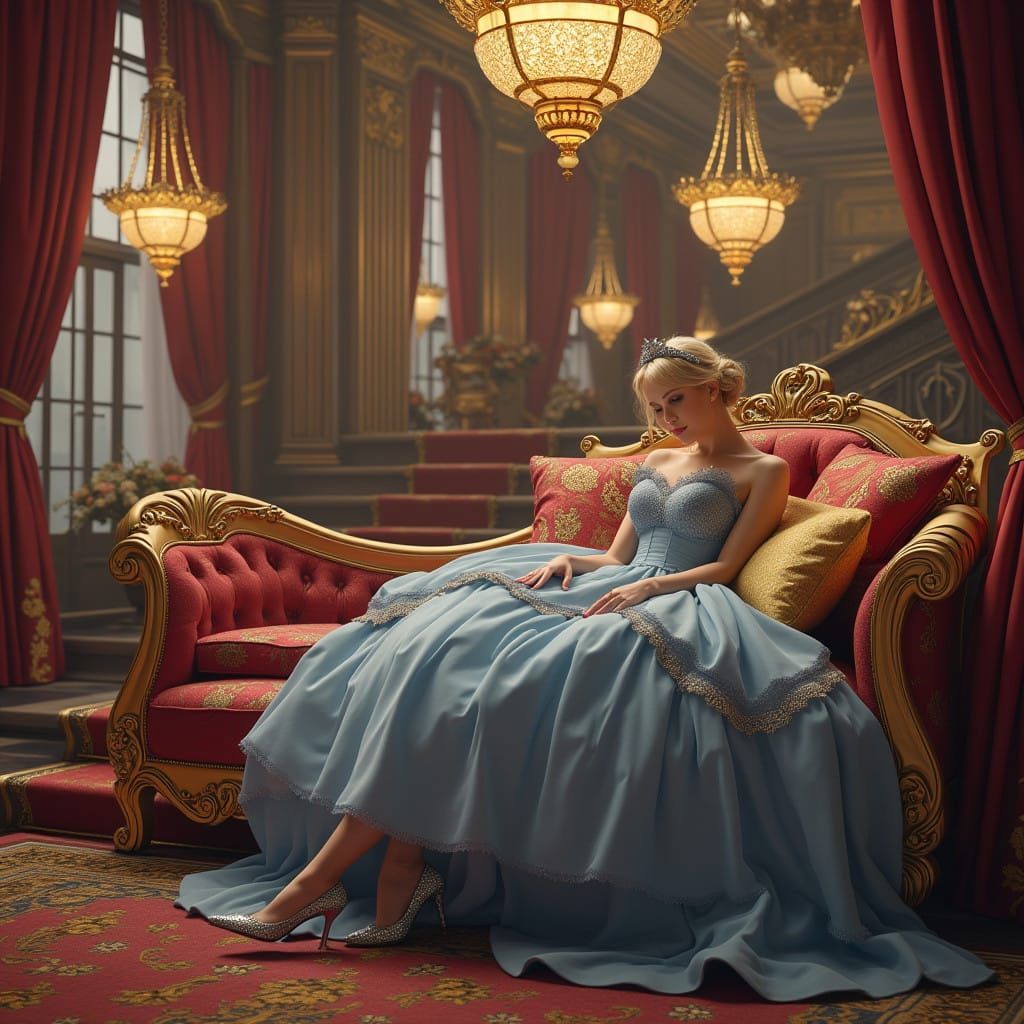 Luxurious Ballroom Scene with Cinderella in High Heels