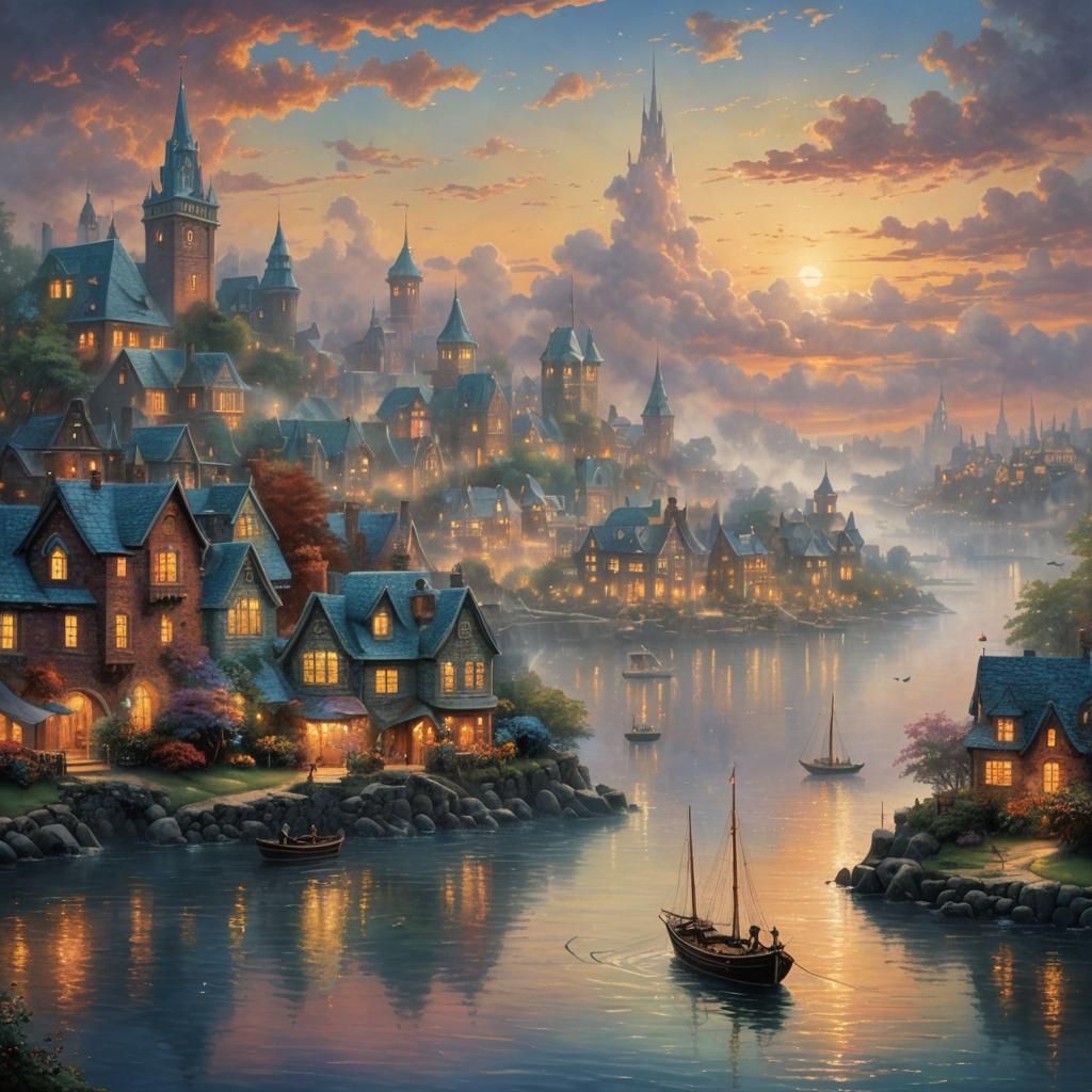 Cityscape Sunset Reflection: Ethereal Fantasy Art