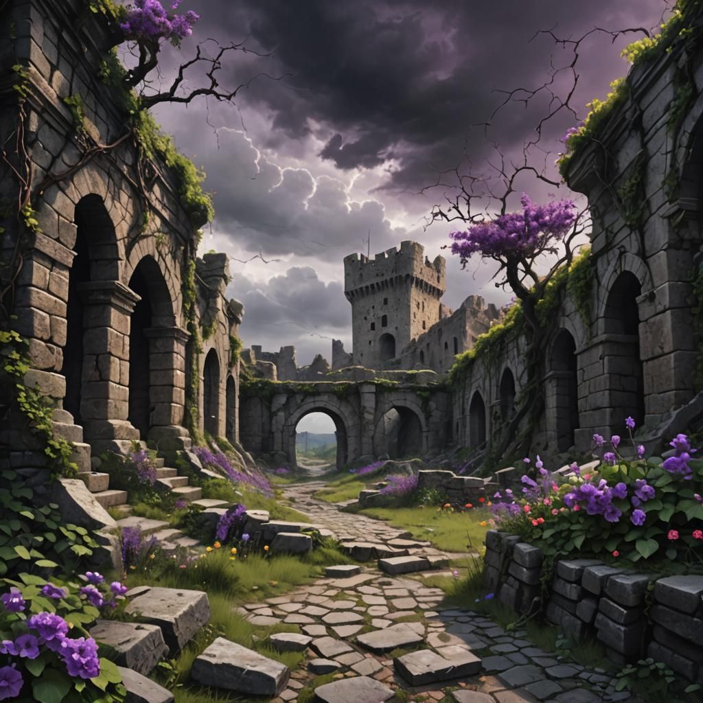 Dark Fantasy Castle Ruins with Overgrown Flowers