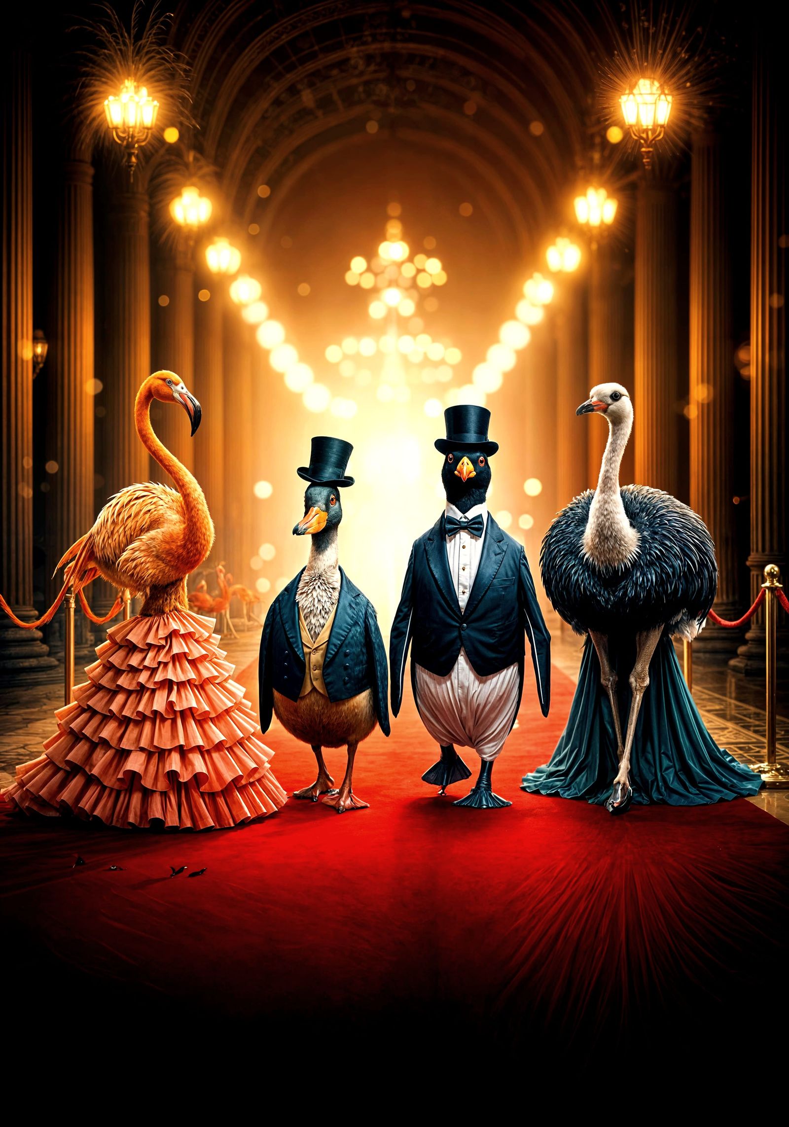 Glamorous Birds on a Red Carpet in Vibrant Color