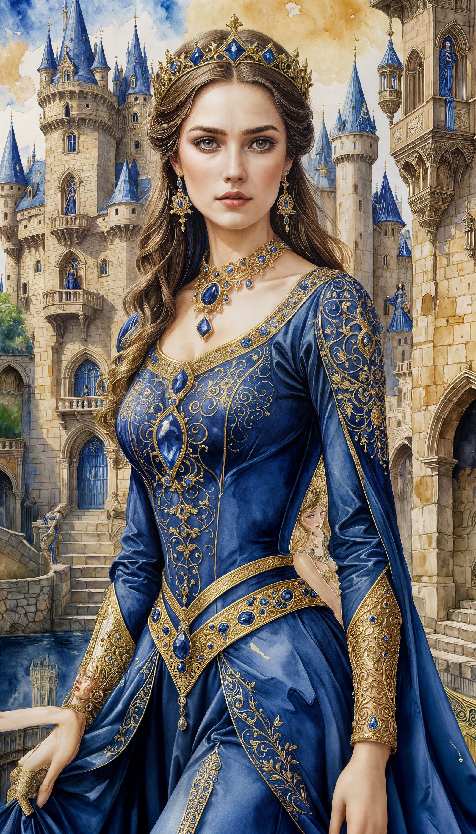 Elegant Medieval Lady in Royal Blue: Watercolor Painting