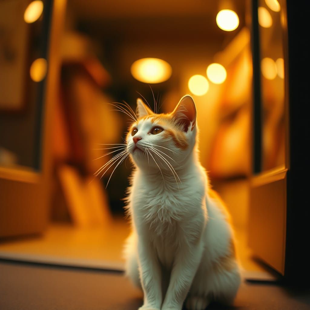 Cinematic Portrait of Pregnant Cat Beckoning at Store