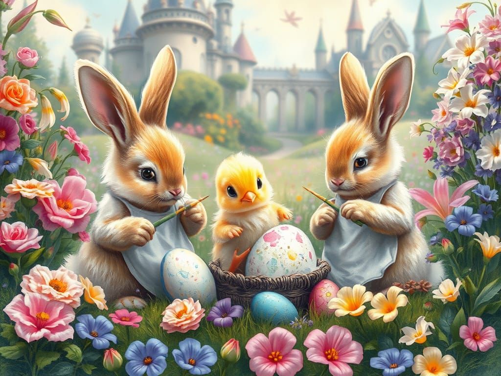 Easter Bunnies Painting Eggs in a Floral Meadow