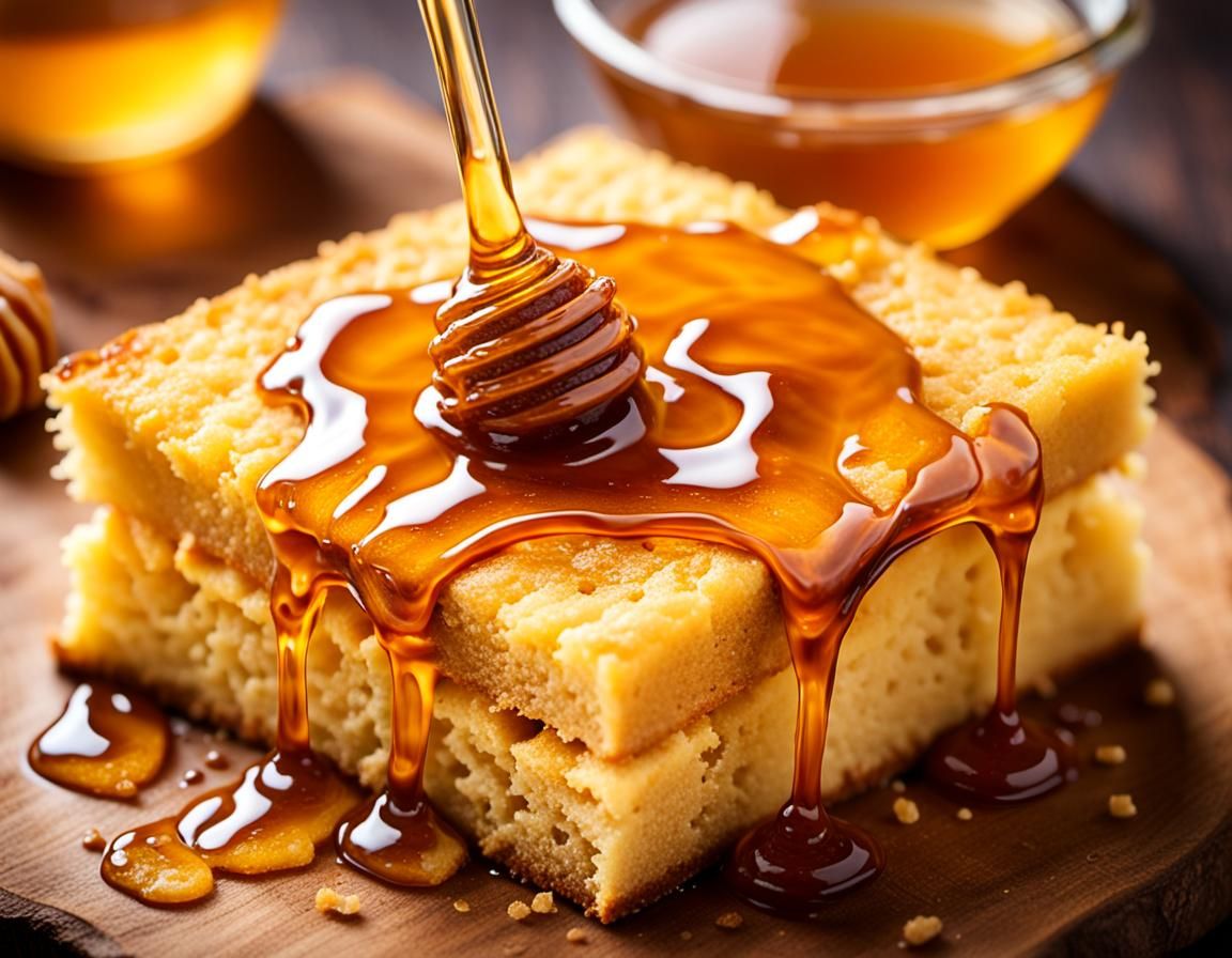 Honey Drizzled on Cornbread Still Life Photography