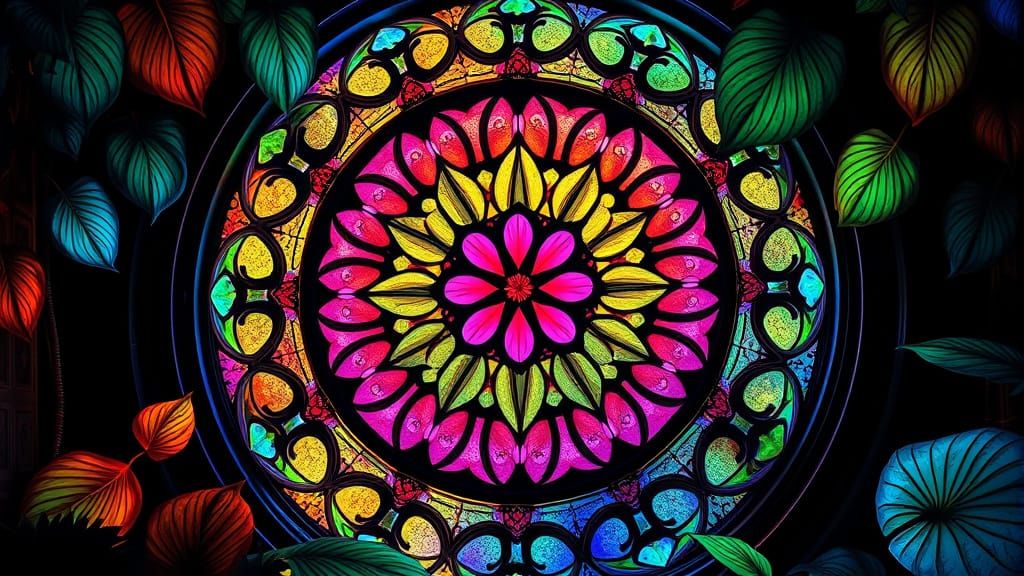 Kaleidoscopic Stained Glass Window with Neon Leaves