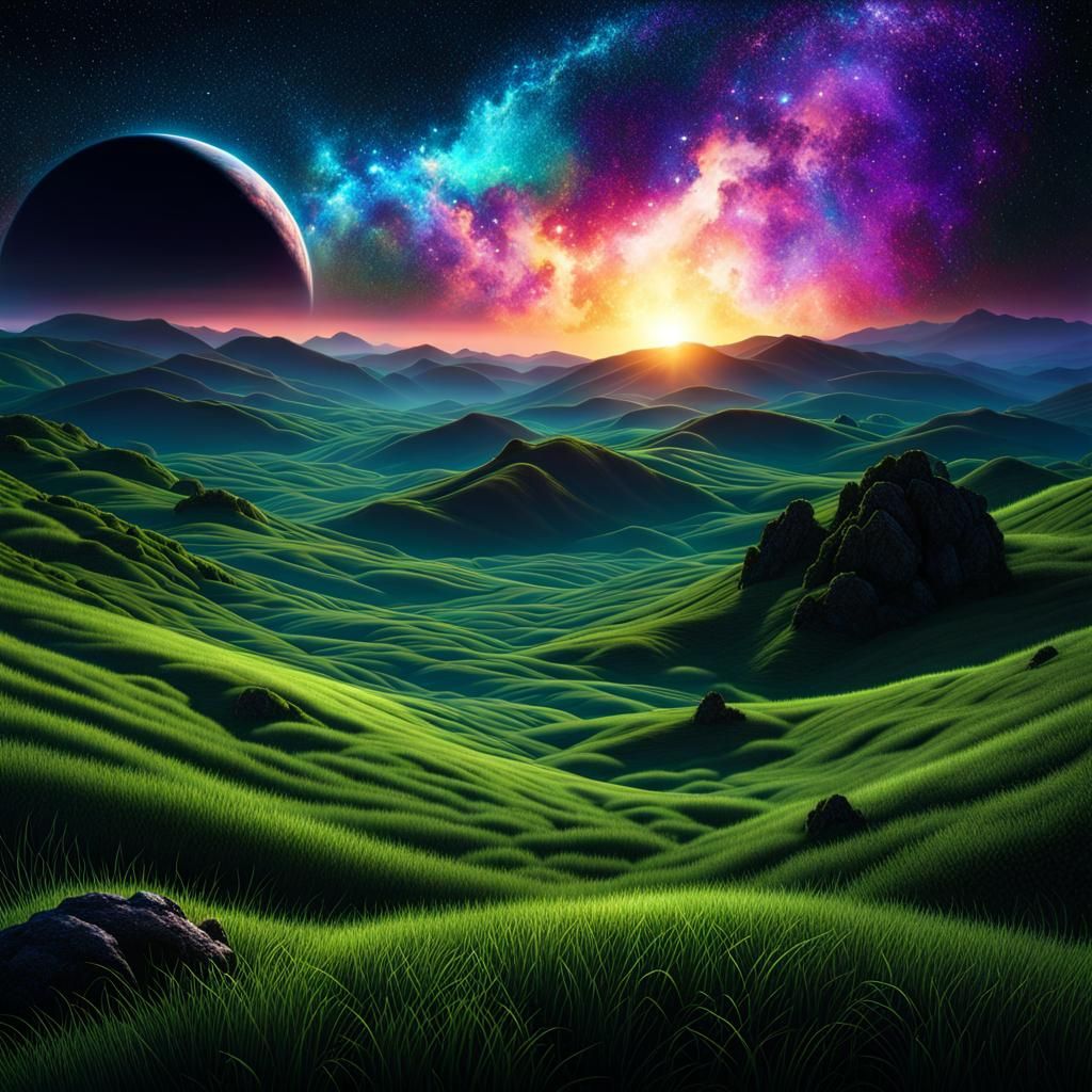 Glowing Hills in Fantasy Night Landscape