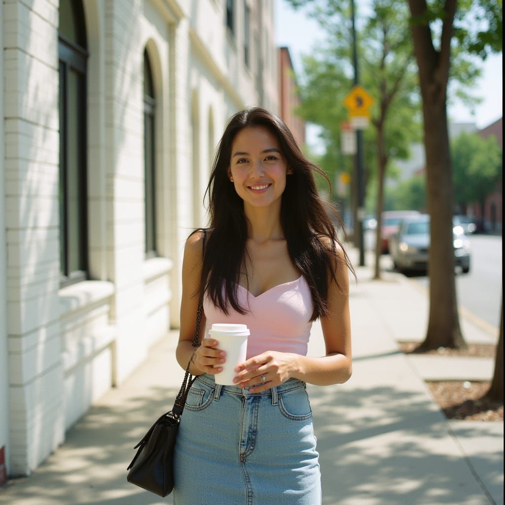 Woman on Sunlit Sidewalk in Street Photography Style